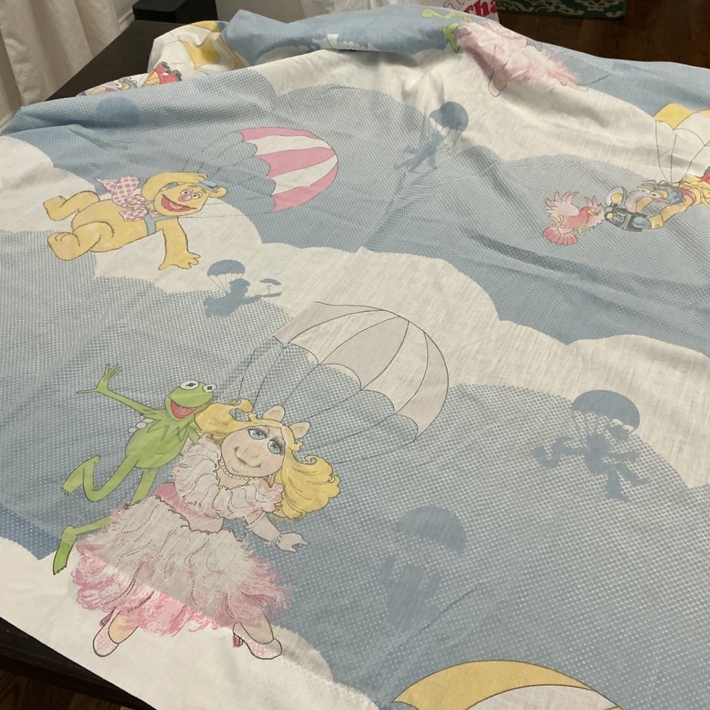 Vintage Muppet Babies Twin Fitted Flat Sheet Kermit Miss Piggy 1980s Blue Set